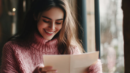 Delighted woman unwraps a letter, her soft smile and cozy pink attire adding warmth to the moment.の素材