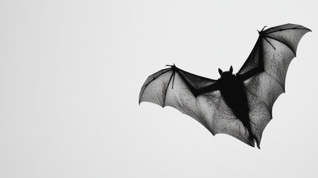 This image showcases a stunning silhouette of a bat in flight, creating a striking contrast against a light gray background, symbolizing the elegance and mystery of nocturnal wildlife.の素材