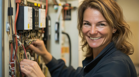 A professional woman technician is engaged in maintaining an electrical panel, showcasing her skills and confidence in a modern industrial environment with a friendly smile.の素材