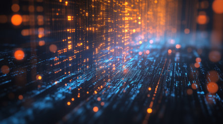 Dynamic digital visualization showcasing glowing particles in orange and blue hues, representing technology and information in a futuristic environment.の素材