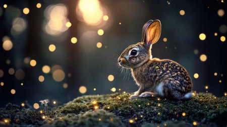 A charming rabbit perches on lush moss in a tranquil forest setting, illuminated by soft bokeh lights, creating an enchanting atmosphere of serenity and beauty.の素材