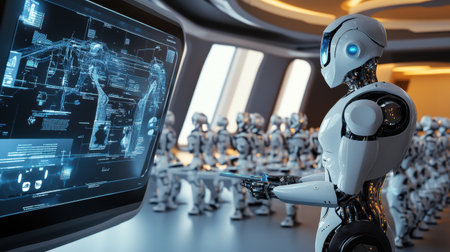 A humanoid robot actively engaging with a data display in a modern educational setting, surrounded by other robots, showcasing the future of learning and technology advancement.の素材