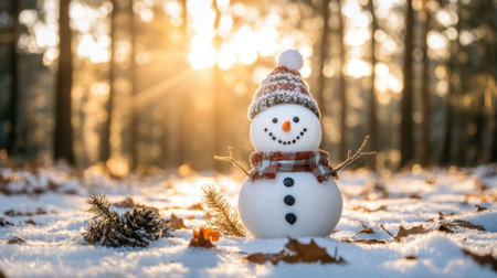 A delightful snowman stands in a snowy forest, illuminated by gentle sunlight filtering through trees, creating a serene winter scene full of holiday cheer and tranquility.の素材