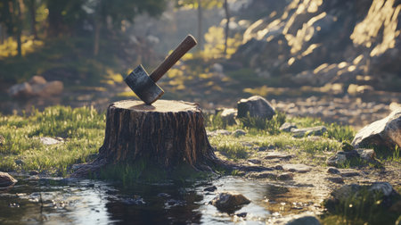 A tranquil scene showcasing a rustic ax poised atop a timber stump, surrounded by lush greenery and serene water, capturing the essence of nature's beauty and simplicity.の素材
