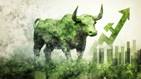 This abstract image features a green bull representing strength and upward growth in financial markets, emphasizing investment opportunities and market trends.の素材