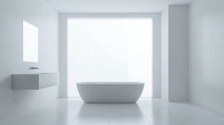A bright and airy minimalist bathroom showcasing a freestanding bathtub, large window, and sleek surfaces creates a tranquil atmosphere perfect for relaxation and rejuvenation.の素材