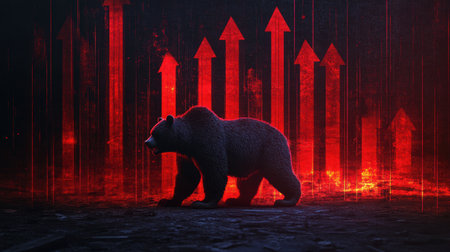 A striking silhouette of a bear set against a vibrant abstract background of upward arrows, representing strength and growth in a dynamic and powerful visual narrative.の素材