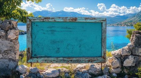 A rustic, empty frame sits amidst stone ruins, surrounded by serene blue water and mountains under a bright sky, perfect for capturing the essence of nature and tranquility.の素材