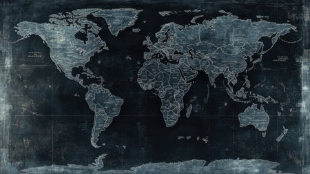 This vintage world map features a dark textured background, showcasing continents and oceans with intricate details, perfect for educational or decorative purposes.の素材