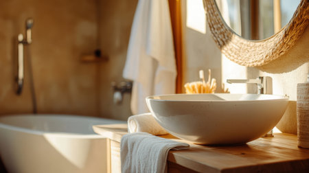 A beautifully designed bathroom featuring a modern sink and soft textiles illuminated by natural sunlight, creating a serene and inviting relaxation space.の素材