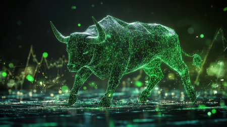 A digital bull representing investment growth in the stock market, set against abstract graphs and data points, symbolizing financial trends and opportunities in a modern economy.の素材