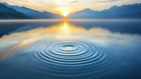 A stunning outdoor scene featuring a serene sunrise illuminating calm water, with gentle ripples creating a tranquil atmosphere among majestic mountains.の素材