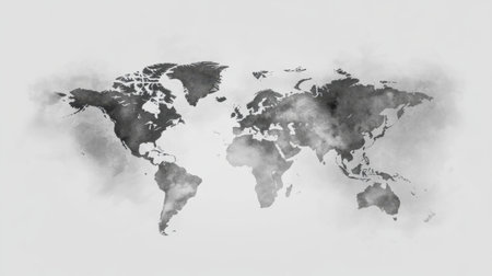Elegant black and white world map illustration featuring a soft watercolor texture, perfect for use in educational materials, travel blogs, and creative projects.の素材