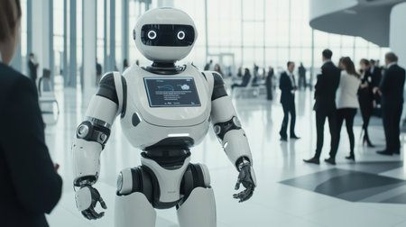 A cutting-edge humanoid robot stands in a sleek corporate setting, engaging with professionals, showcasing the intersection of technology and business innovation.の素材
