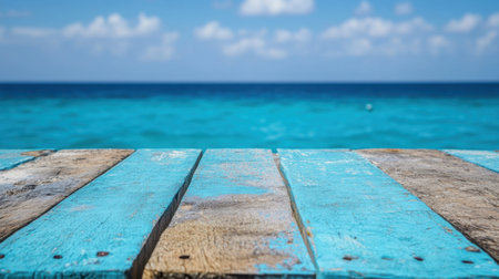 A serene view of a rustic wooden deck overlooking the tranquil azure sea, with a beautiful blue sky above and gentle waves lapping at the shore, inviting relaxation and escape.の素材
