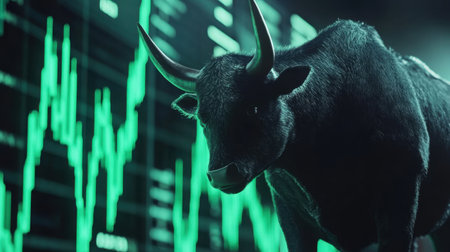 A striking image of a powerful bull in front of an upward-trending stock market chart, symbolizing strength, investment potential, and financial growth in trading environments.の素材