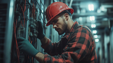 A skilled worker in a hard hat meticulously examines an electrical panel, demonstrating a commitment to safety and precision in maintenance tasks within an industrial environment.の素材