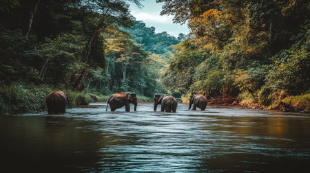 A serene scene featuring majestic elephants wading through calm jungle waters. The lush landscape and soft morning light create a breathtaking display of wildlife harmony.の素材