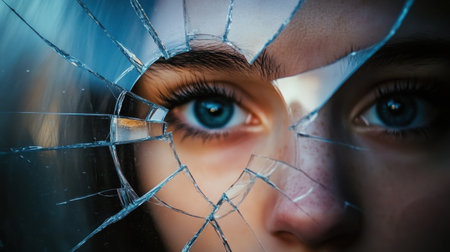 This striking close-up captures a young woman's eye through shattered glass, portraying vulnerability and strength while inviting deep emotional connections.の素材