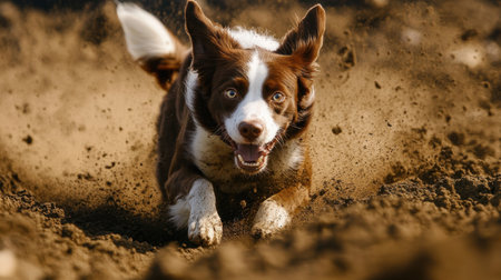 A lively border collie sprints through dusty terrain, showcasing pure joy and energy. This image captures the essence of outdoor playfulness and the bond between pet and nature.の素材