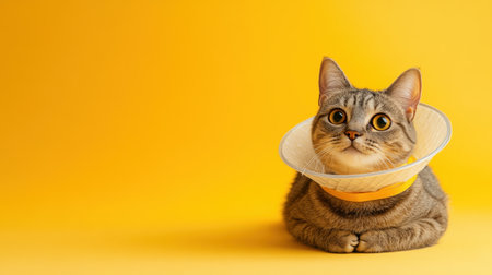 A charming tabby cat with large, expressive eyes sits comfortably in a protective cone collar against a bright yellow backdrop, embodying warmth and endearing playfulness.の素材