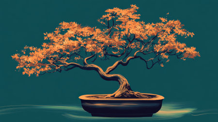 This stunning image features a bonsai tree with vibrant orange leaves, showcasing its intricate structure and elegance against a tranquil teal backdrop, perfect for nature enthusiasts.の素材