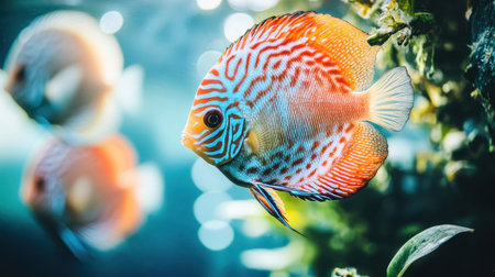 A stunning tropical fish features intricate patterns and vibrant colors, swimming amidst lush greenery in a serene underwater setting, creating a captivating aquatic scene.の素材