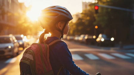 A young girl in a helmet waits patiently at a street crossing while the sun sets behind her, capturing a serene moment of urban life, safety, and outdoor activity.の素材