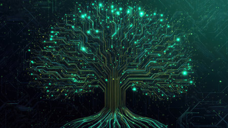 Stunning digital tree artwork featuring intricate circuit designs, symbolizing the fusion of technology and nature. Perfect for innovation and sustainability themes.の素材