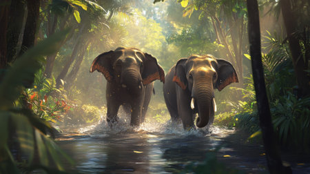 Two elephants playfully splash through a tranquil stream in a dense forest, surrounded by lush greenery and vibrant tropical plants, showcasing nature's beauty in harmony.の素材