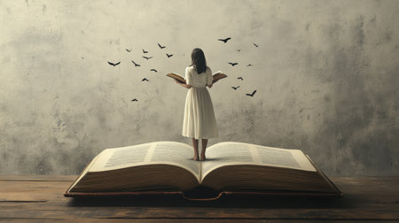 A young woman in a flowing white dress stands on an open book, surrounded by birds in motion, embodying themes of freedom, imagination, and the power of storytelling.の素材