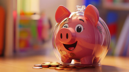 A vibrant pink piggy bank inside a clear container, surrounded by scattered coins, representing the importance of saving and financial education for all ages.の素材