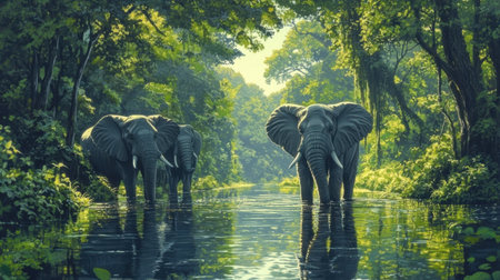 Two elephants wade through a peaceful jungle river surrounded by rich greenery, creating a breathtaking scene of wildlife and nature's beauty in harmony.の素材