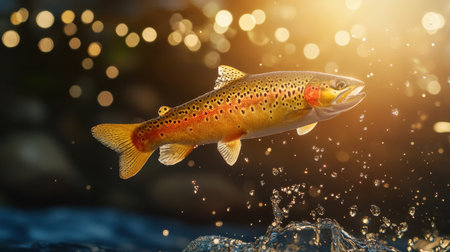 A stunning brown trout leaps from the water, creating a dynamic splash surrounded by sunlight reflections and a beautiful bokeh effect, capturing the essence of nature and wildlife.の素材