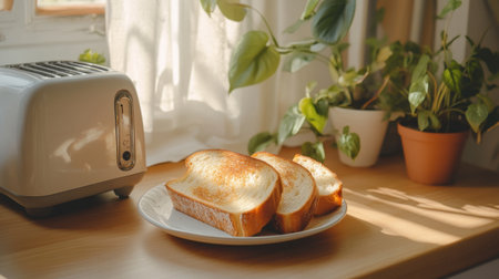 This cozy kitchen scene features golden brown toasted bread on a white plate beside a sleek toaster, accented by vibrant green plants basking in natural sunlight. Perfect for food themes.の素材