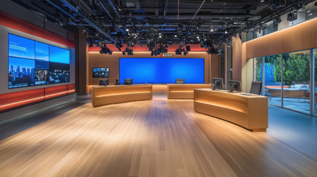 A spacious and modern newsroom filled with sleek wooden furniture and advanced technologies, ideal for media production and broadcasting activities in a contemporary setting.の素材