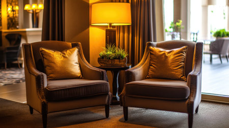 This image showcases a cozy living room space featuring two elegant chairs, adorned with golden cushions and accompanied by a unique lamp, creating a warm and inviting atmosphere.の素材