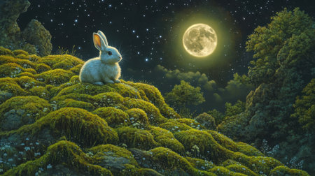A tranquil scene featuring a fluffy rabbit gazing at the bright full moon amidst a starry sky, surrounded by lush moss and trees in this enchanting night landscape.の素材