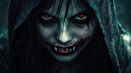 This chilling image features a sinister figure cloaked in darkness, with glowing red eyes and sharp fangs, evoking a sense of fear and the supernatural, ideal for horror-themed projects.の素材