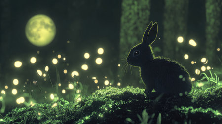 A captivating scene featuring a rabbit silhouette in a mystical forest illuminated by a full moon, surrounded by glowing fireflies and vibrant greenery, evoking enchantment and tranquility.の素材