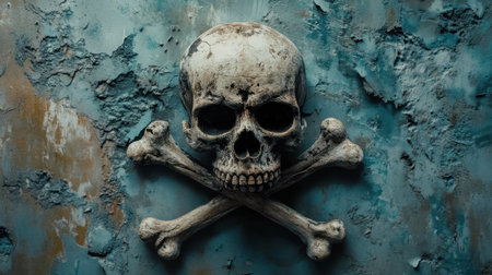 This artwork features a weathered skull and crossbones symbol on a distressed blue background, representing danger and mortality in a striking and artistic way.の素材