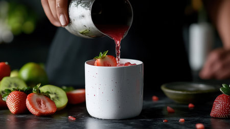 A close-up view of a refreshing berry mocktail being poured into a stylish white cup, surrounded by fresh strawberries and green fruits on a dark table, highlighting vibrant colors.の素材