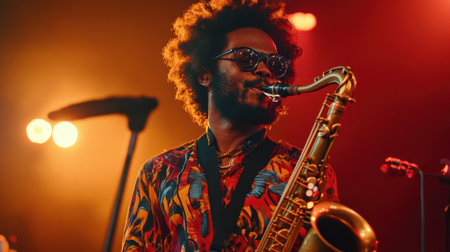 A dynamic live performance captures a talented musician passionately playing the saxophone under colorful stage lights, creating an unforgettable atmosphere.の素材