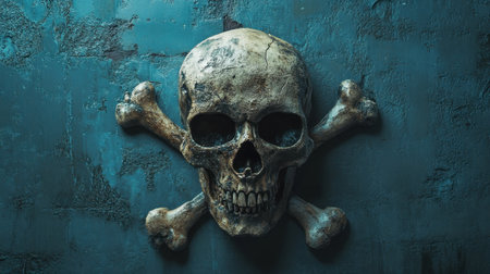 This striking image features a detailed skull resting above two crossbones, set against a textured blue wall, creating an atmosphere of intrigue and dark beauty.の素材