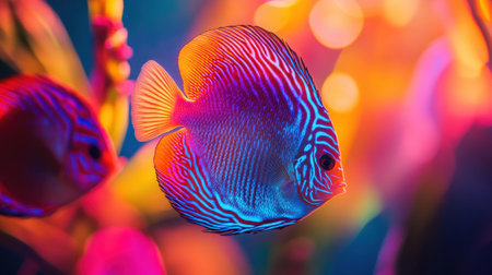 A stunning discus fish glides gracefully through a colorful underwater scene, surrounded by vibrant lights and soft focus, showcasing the enchanting beauty of aquatic life.の素材