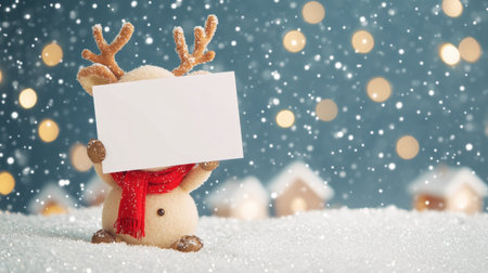 Adorable reindeer figure with a red scarf holds a blank sign in a snowy setting with a blurred bokeh background, ideal for holiday cards and festive messages.の素材