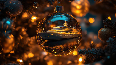 A captivating Christmas ornament showcases a luxury yacht reflected beautifully amidst warm golden lights, creating a festive and elegant atmosphere perfect for holiday celebrations.の素材