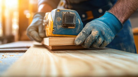 A skilled craftsman operates an electric sander on a wooden board, demonstrating precision and attention to detail in a well-lit workshop setting.の素材