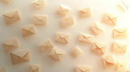A beautiful arrangement of light beige envelopes on a soft surface, ideal for showcasing concepts of communication, creativity, and minimalistic design in various projects.の素材