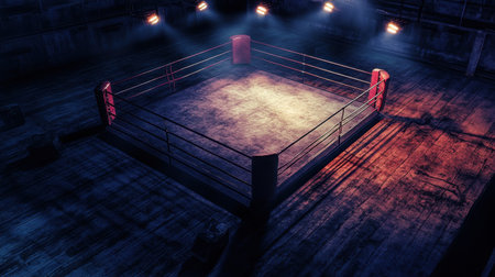 An empty boxing ring illuminated by dramatic spotlights, creating an intense atmosphere in a spacious arena, perfect for conveying anticipation and the spirit of competition.の素材